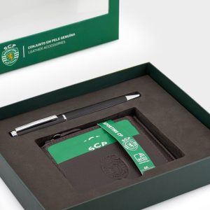 Conjunto Porta-Cartões em Pele e Caneta Castanho
